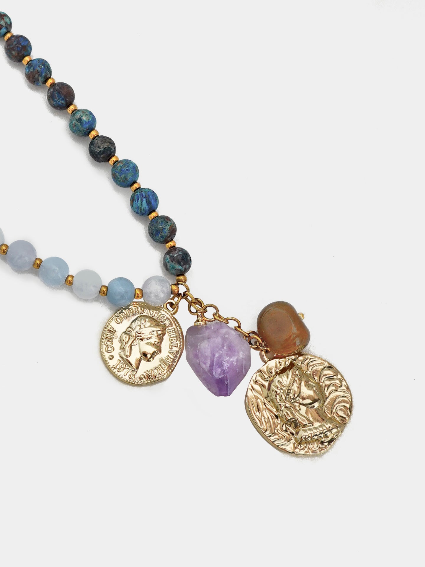 Close-up of the Huatuo Stone Tiger's Eye Amethyst Sweater Chain Necklace, highlighting the rich colors of tiger's eye and amethyst stones