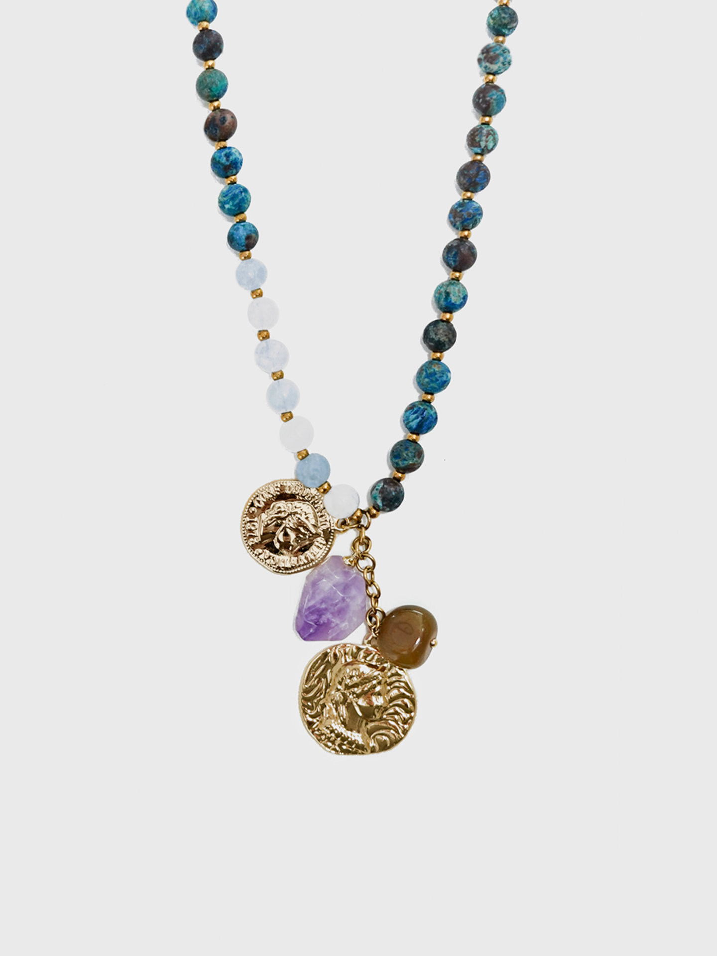 A front view of the Huatuo Stone Tiger's Eye Amethyst Sweater Chain Necklace, featuring a mix of tiger's eye stones, amethyst beads, and unique Huatuo stone accents on a sleek chain
