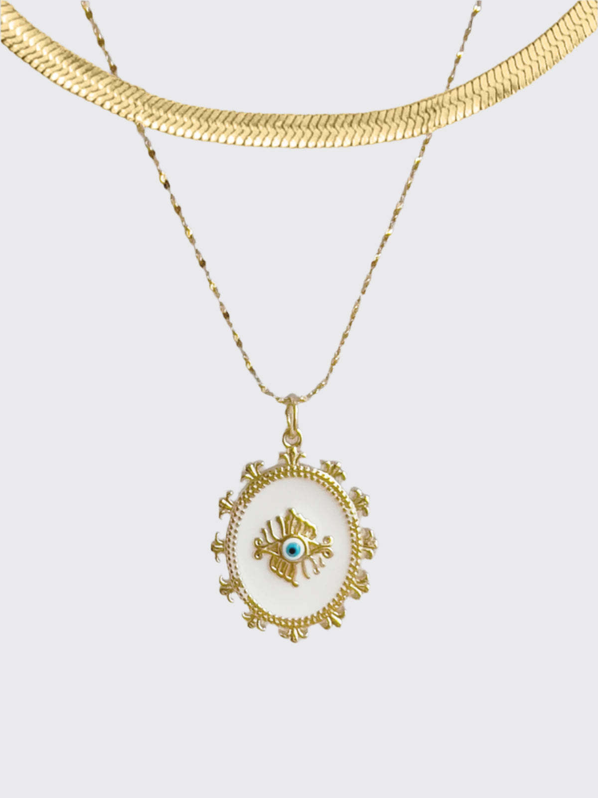 Front view of the Spiritual Symbol Layered Golden Necklace featuring multiple layered chains with spiritual symbols in gold