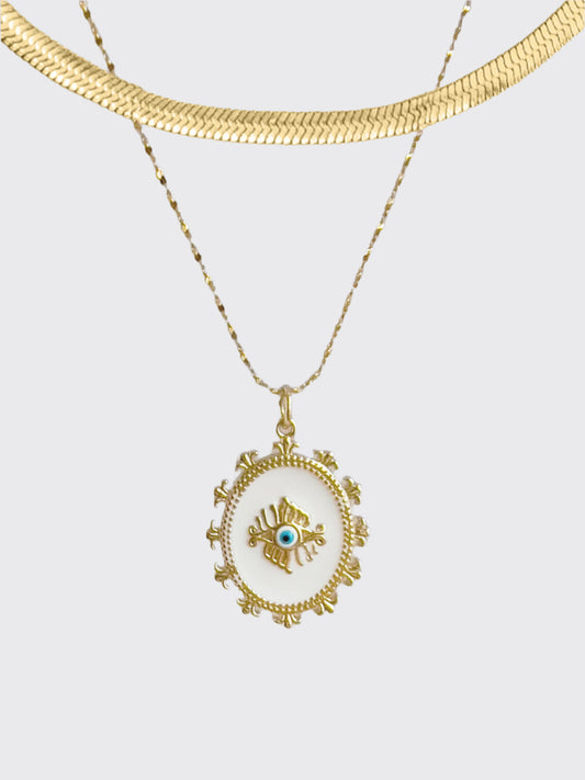 Front view of the Spiritual Symbol Layered Golden Necklace featuring multiple layered chains with spiritual symbols in gold