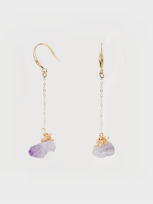 A front view of the Amethyst Pearl Handcrafted Wire Wrapping Dangle Earrings, featuring a unique handcrafted design with amethyst and pearl stones wrapped in gold wire