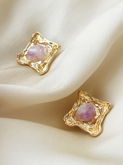 Amethyst Square Golden Stud Earrings, showing the sleek gold setting and amethyst gemstones