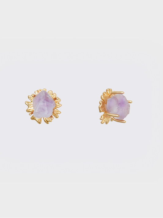 A front view of the Amethyst Sunflower Golden Stud Earrings, showcasing the intricate sunflower design with amethyst center stones set in gold