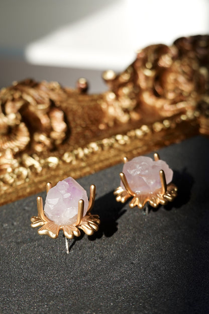 Side view of the Amethyst Sunflower Golden Stud Earrings, highlighting the detailed sunflower shape and amethyst gemstones