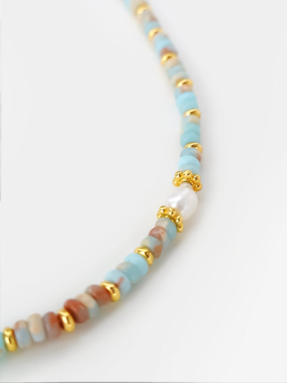 Close-up of the Beaded Shoushan Jade Pearl Necklace, highlighting the smooth texture of Shoushan jade and the lustrous pearls