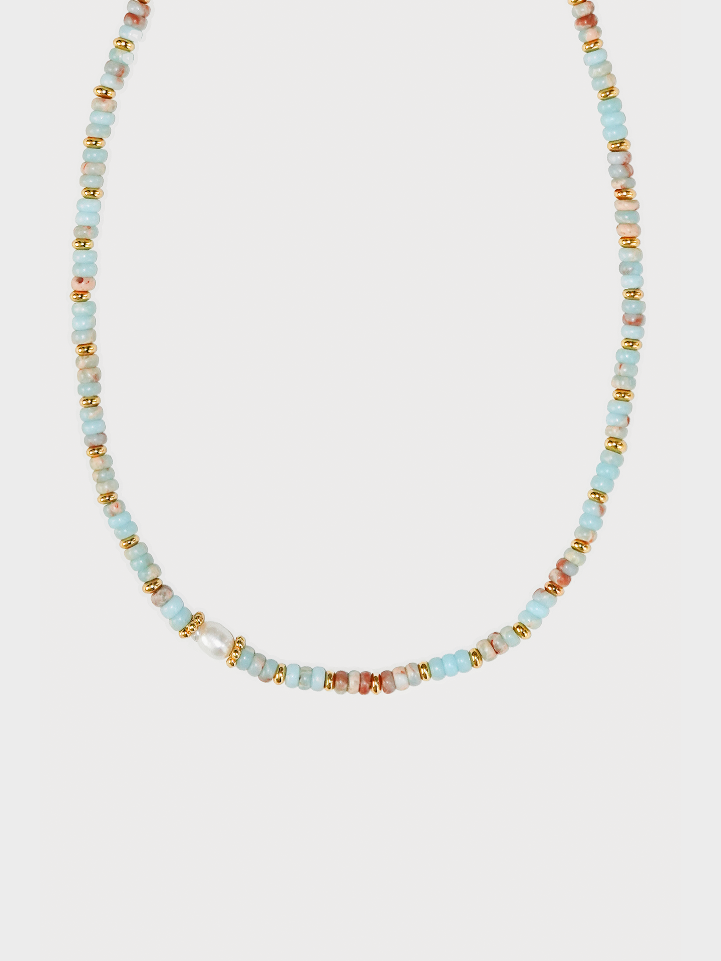 A front view of the Beaded Shoushan Jade Pearl Necklace, featuring beautiful Shoushan jade beads and freshwater pearls in an elegant beaded design