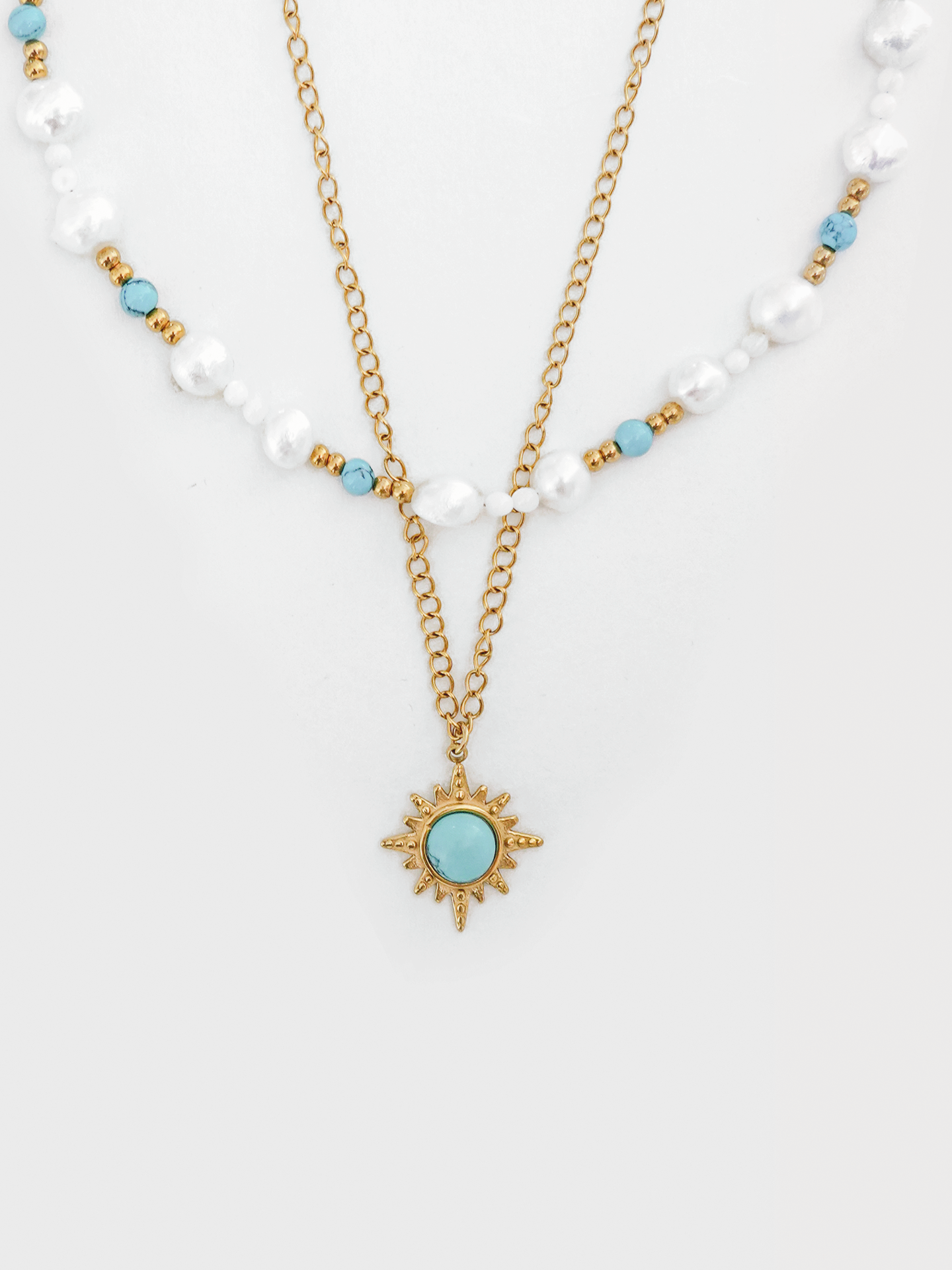 A front view of the Blue Turquoise Pearl Layered Necklace, featuring a stunning mix of blue turquoise stones and freshwater pearls in multiple layers