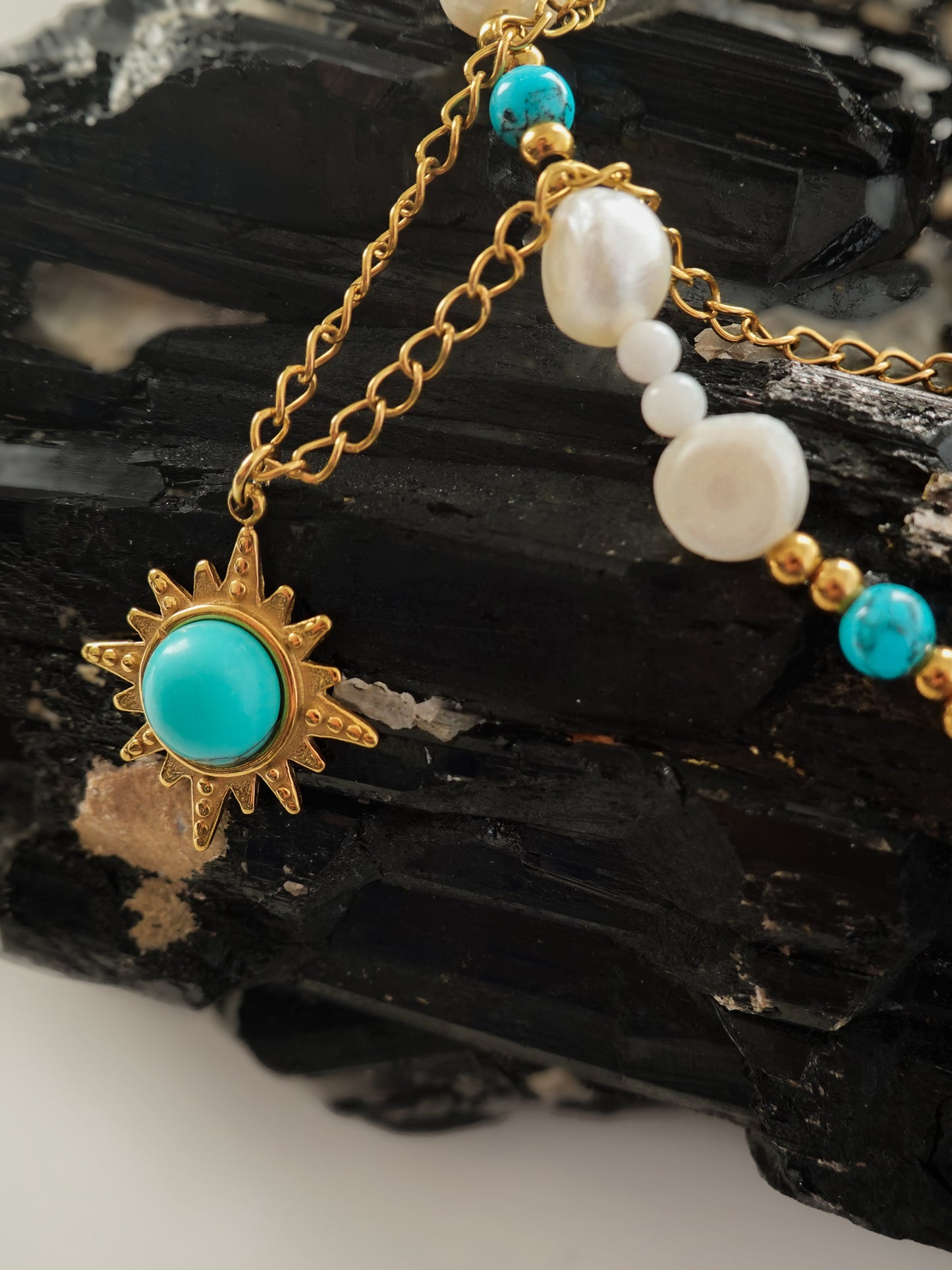 Side view of the Blue Turquoise Pearl Layered Necklace, showing the layering effect with the beautiful blue turquoise and pearls