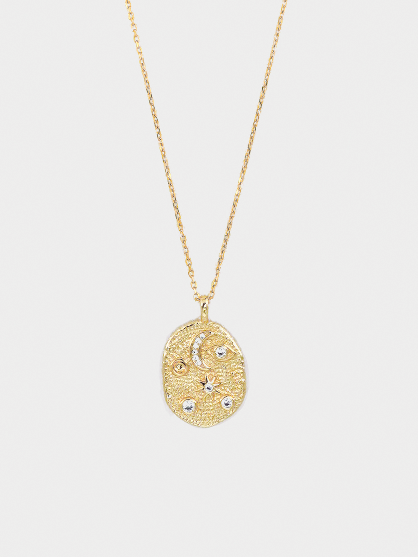 A front view of the Natural Spiritual Symbols Charm Golden Necklace featuring symbolic charms and a radiant gold finish